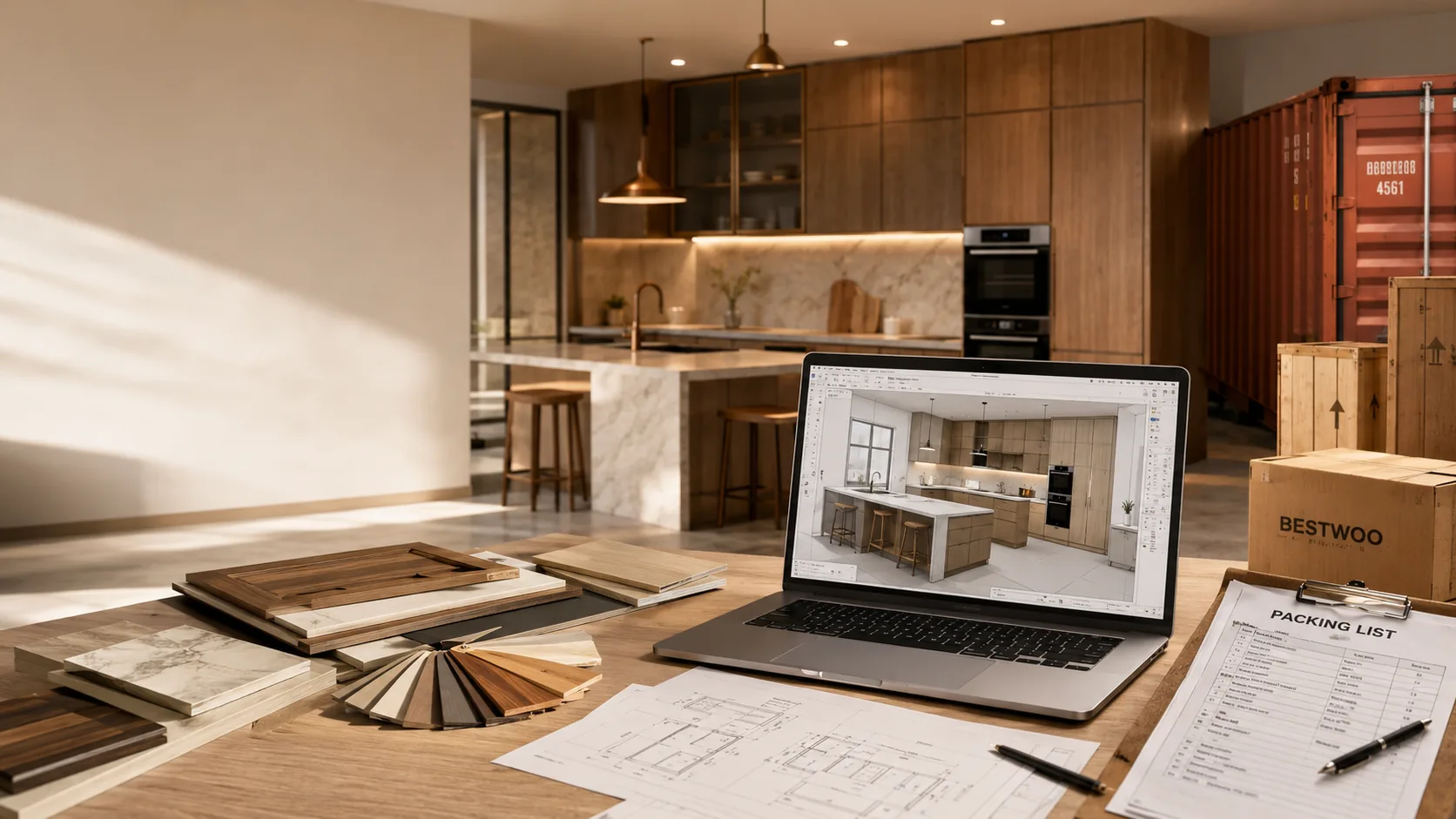 Custom cabinetry project desk with samples, drawings, computer and export packing