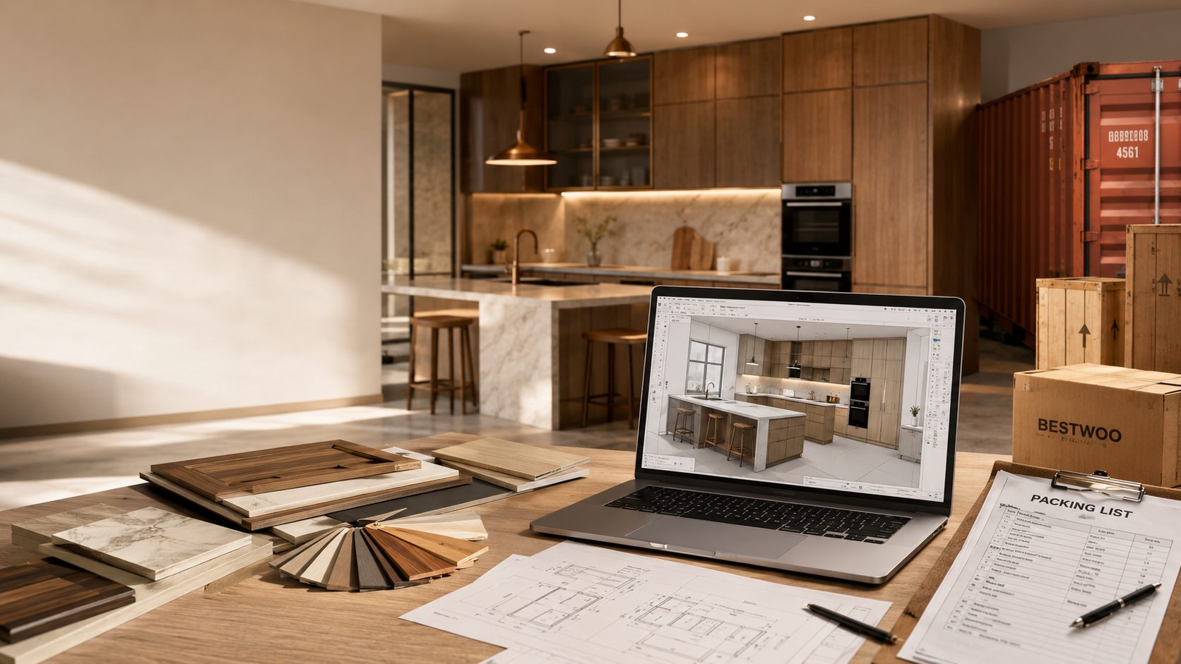 Custom cabinetry project desk with samples, drawings, computer and export packing